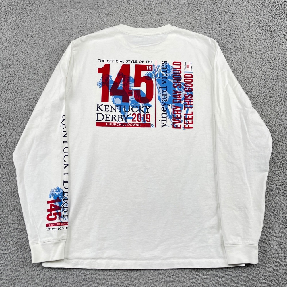 Vineyard Vines T-Shirt Mens M White Kentucky Derby 2019 Long Sleeve Pocket Horse